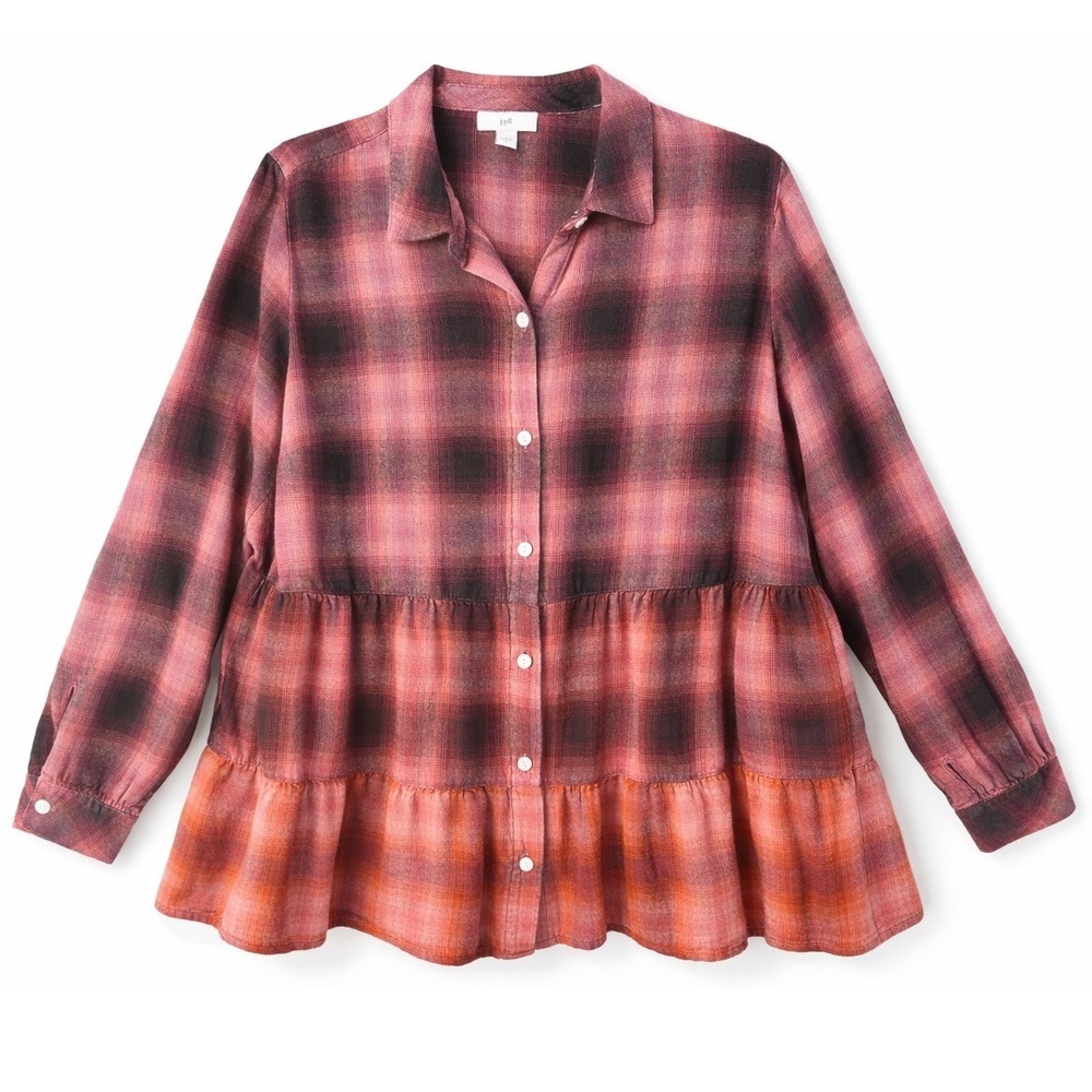 J. Jill Pink Orange Ombre Plaid Tiered Tunic Top Womens Medium Long Sleeve Shirt